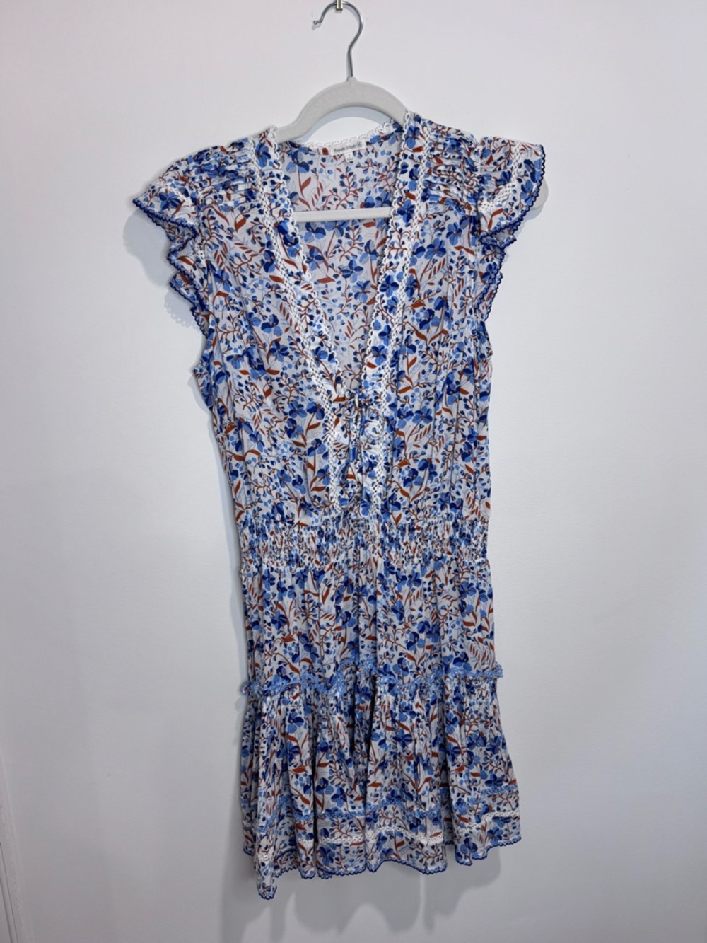 Poupette St. Barth Blue and Brown Floral V-Neck Tiered Mini Dress